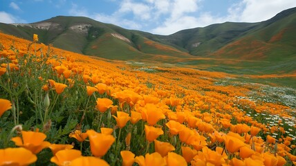 A field of orange flowers with green hills and a blue sky with clouds in the background visible