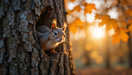 A curious squirrel looks out from a hollow in a tree, with vibrant autumn leaves and a warm sunset illuminating the forest backdrop, creating a serene atmosphere