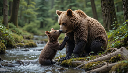 Obraz premium A young brown bear approaches its parent in a tranquil forest setting, gently nuzzling while surrounded by greenery and flowing water, creating a peaceful, natural atmosphere