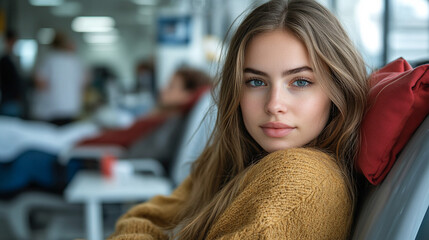 Young woman donating blood at clinic, others donating in background