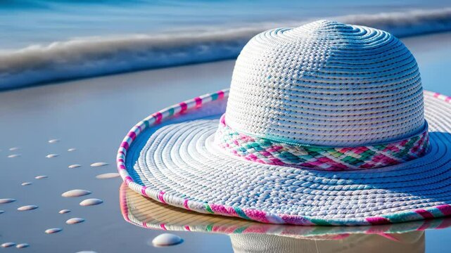 White summer straw hat with colorful band on wet beach sand near ocean wave. Travel and vacation concept video footage.