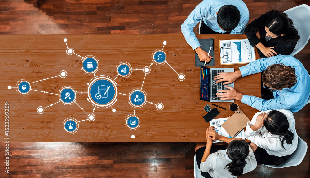 Poster a diverse business team collaborates around a wooden table, analyzing data and strategizing e-commer