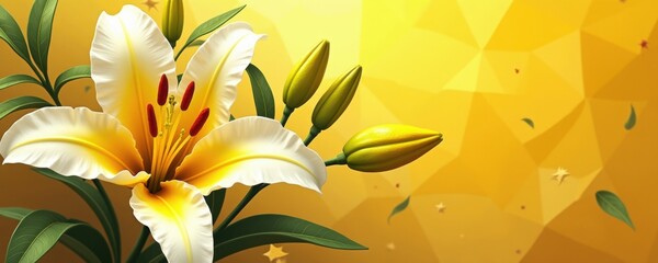 Vibrant digital illustration of a white lily with yellow accents, set against a geometric golden background, symbolizing beauty and elegance.
