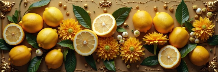 Vibrant citrus arrangement featuring fresh lemons and beautiful flowers against a luxurious gold backdrop, perfect for culinary, design, or lifestyle themes.