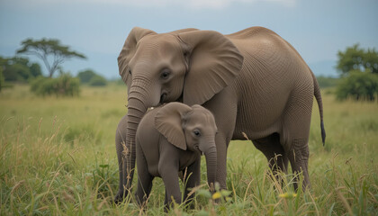 A mother elephant gently protects her young calf in a vibrant savanna filled with tall grasses and scattered trees under a cloudy sky, showcasing their bond and natural habitat