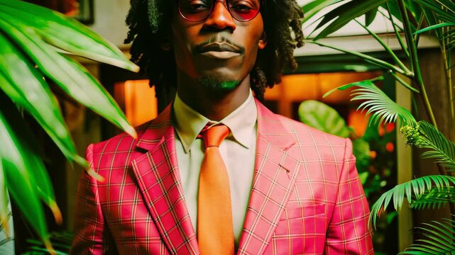 An african american man smiling and talking, standing among green plants. Business communication and tropical setting footage.