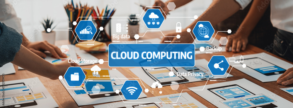 Aufkleber Collaborative Workspace with Diverse Individuals Engaged in Cloud Computing Concepts and Technologies, Focusing on Digital Solutions for Modern Enterprises. Amity