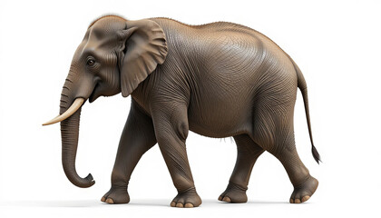 An adult elephant is walking through a natural setting under bright sunlight. Its trunk hangs low as it strides with a steady pace, showcasing its majestic size