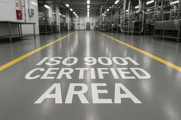 Industrial corridor with clean grey epoxy floor featuring ISO 9001 certified area marking in white letters, inside food engineering plant focused on quality management system