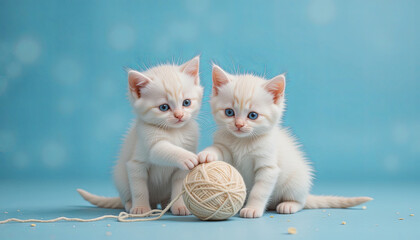 Two adorable white kittens with bright blue eyes are curiously playing with a ball of yarn. They are positioned on a soft blue background, creating a charming and lively atmosphere