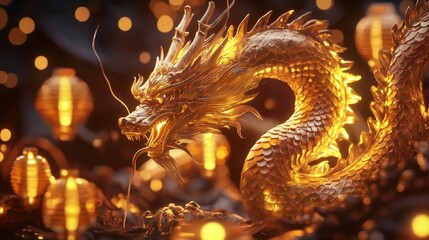 Golden dragon sculpture with lanterns in a dark setting.