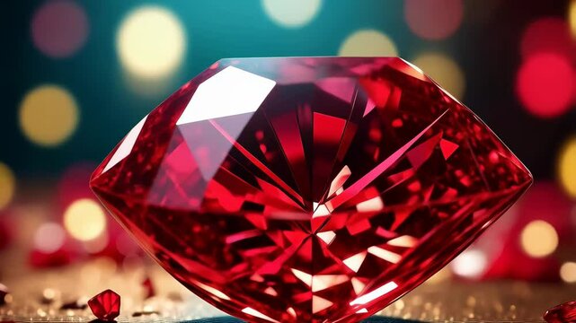 A gleaming ruby gemstone on a sparkling surface with festive defocused lights creates an elegant scene.