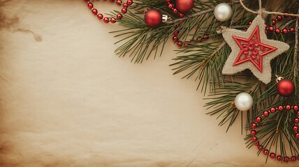 Christmas decoration with star ornament pine needles and red and white beads on beige background