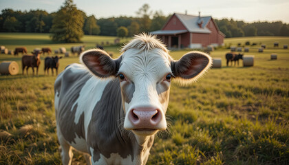 A cow stands in a lush pasture surrounded by other cattle, with a rustic barn in the background under a warm sunset sky. The peaceful rural setting creates a tranquil atmosphere