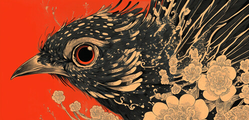 close up of a black bird with sakura flowers on red background