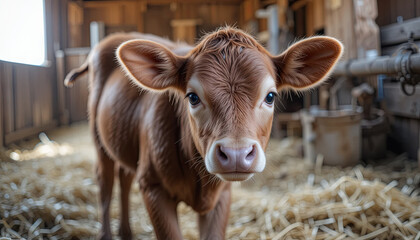 A curious young calf stands in a straw-covered barn, surrounded by wooden structures and soft natural light filtering through the windows, enjoying the warm atmosphere