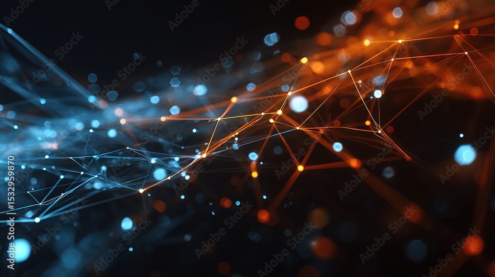 Poster abstract pulsating node network in orange and blue colors