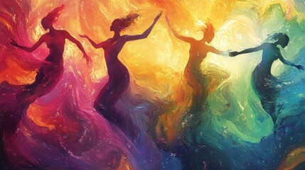 Four figures dance in a swirling rainbow of colors abstract artwork.