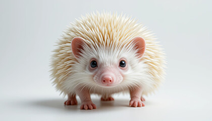 A small hedgehog with white spikes curiously explores its surroundings on a bright surface. Its eyes are wide and inquisitive, showcasing its playful nature