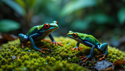Two bright green tree frogs with red eyes are perched on soft moss in a dense tropical forest. Sunlight filters through the foliage, illuminating their colorful bodies