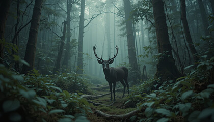 In a serene forest, a lone deer with impressive antlers gazes through the thick mist in the early morning light. The dense trees and vibrant greenery create a tranquil atmosphere