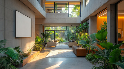 Modern home interior atrium, plants, blank canvas, sunny garden view