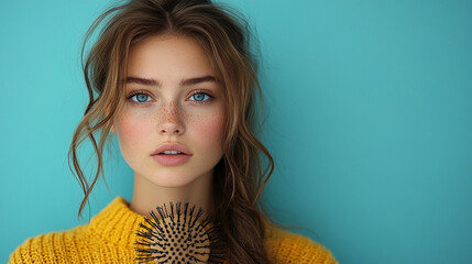 Young woman with freckles holds hairbrush against teal background