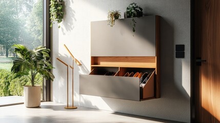 Modern wall-mounted shoe storage with wooden accents in a stylish entryway with natural light and green plants