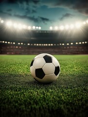 A dramatic shot of a soccer ball on the grass field, with powerful stadium spotlights
