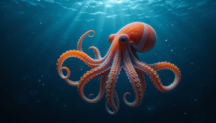 A vibrant orange octopus glides effortlessly through the clear blue depths, its tentacles elegantly moving with the current, creating a mesmerizing underwater display