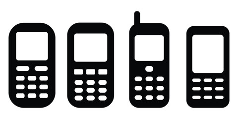 Old mobile phone icon set in black silhouettes with keypad styles representing vintage communication devices