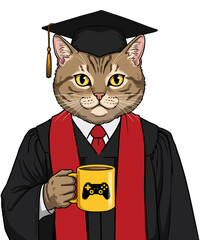 Cute Graduation Cat Vector Cartoon Cat in Cap and Gown Holding Gaming Mug