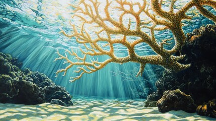 Underwater scene with coral formations and sun rays penetrating the water.