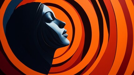 Woman's face profile with orange concentric circles background art illustration.