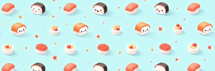 Colorful sushi and sashimi patterns on a light blue background, ideal for culinary designs, menus, or food-themed projects.