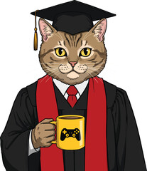Cute Graduation Cat Vector Cartoon Cat in Cap and Gown Holding Gaming Mug