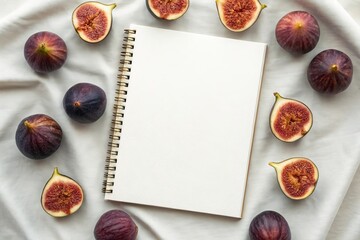 Elegant flat lay of fresh figs on a blank page surrounded by whole and cut fruits on luxurious linen.