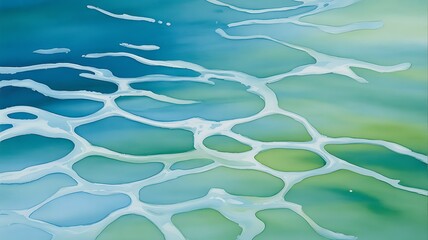 Abstract painting of water surface with light reflections in shades of blue and green colors