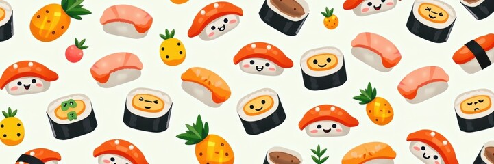 A vibrant, playful pattern featuring various sushi designs with cheerful expressions and tropical accents, perfect for food-related projects.