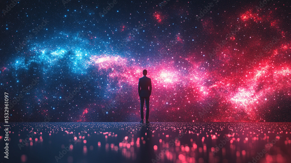 Poster man observing colorful nebula in space