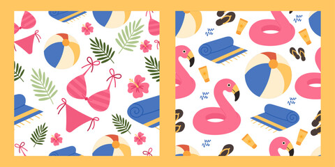 Summer seamless pattern set with bikini, beach ball, flamingo float, towel, and tropical elements. Vector collection of two colorful repeating backgrounds featuring pink swimsuit, hibiscus flowers.