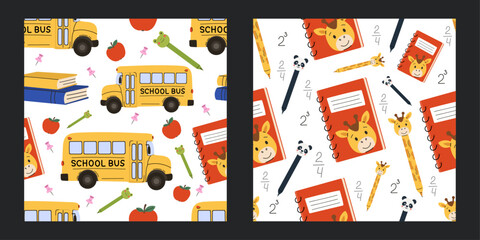 Back to school seamless pattern set with school buses, notebooks, cute pencils, apples, and math elements. Vector collection of two educational repeating backgrounds. 