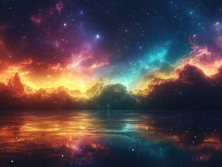  Cosmic Reflection: Vivid Pink and Orange Clouds Over a Starry Sky Mirrored in Tranquil Water