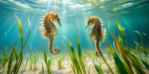 Two seahorses are seen interacting in clear blue water, surrounded by lush aquatic vegetation and soft sand. Sunlight filters down, creating a magical atmosphere
