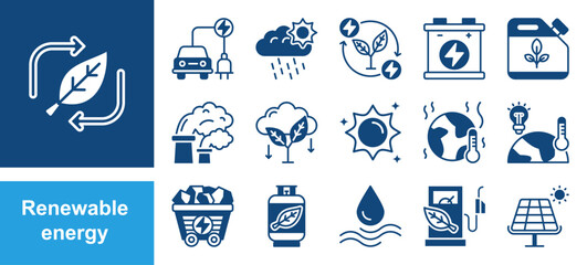 Renewable energy icon set with sunlight, wind, water, fossil fuel, oil, gas, coal, air pollution, solar and panel.