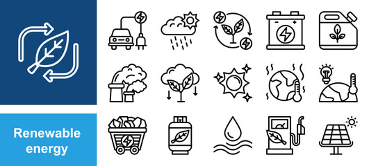 Renewable energy icon set with sunlight, wind, water, fossil fuel, oil, gas, coal, air pollution, solar and panel.