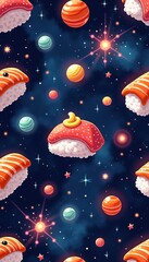 A whimsical pattern featuring colorful sushi pieces floating in a cosmic space, surrounded by vibrant planets and stars, creating a playful, imaginative atmosphere.
