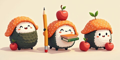 Adorable cartoon sushi characters with playful expressions, showcasing vibrant colors and fun elements like apples and a pencil, perfect for kids' illustrations or food themes.