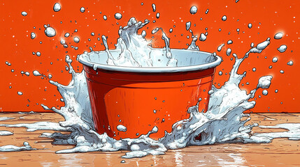 Milk splashing out of red cup on wet table, orange backdrop