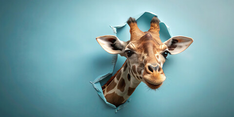 A giraffe is playfully sticking its head through a torn section of a bright blue wall. Its expression is curious, inviting viewers to wonder about its surroundings and intentions